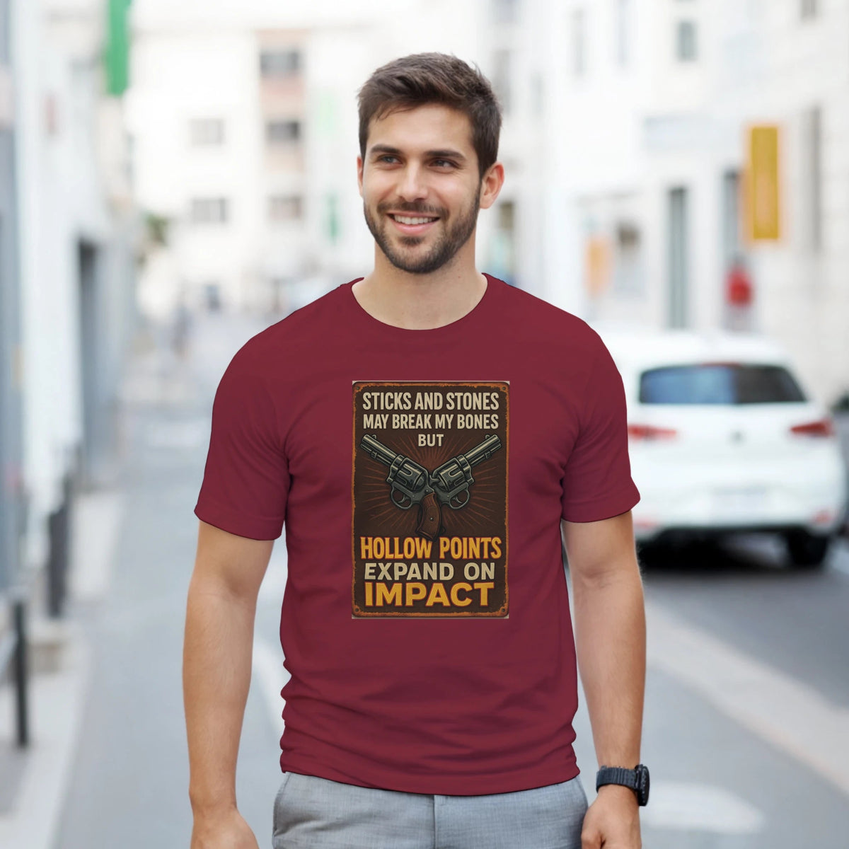 Durable Cotton T-Shirt – Sticks And Stones May Break My Bones, Hollow Points Expand - Authentic Patriot