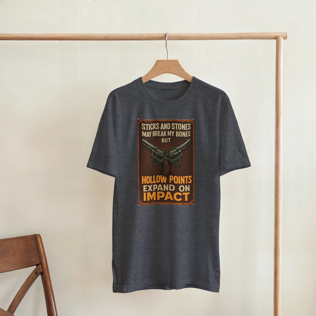 Durable Cotton T-Shirt – Sticks And Stones May Break My Bones, Hollow Points Expand - Authentic Patriot