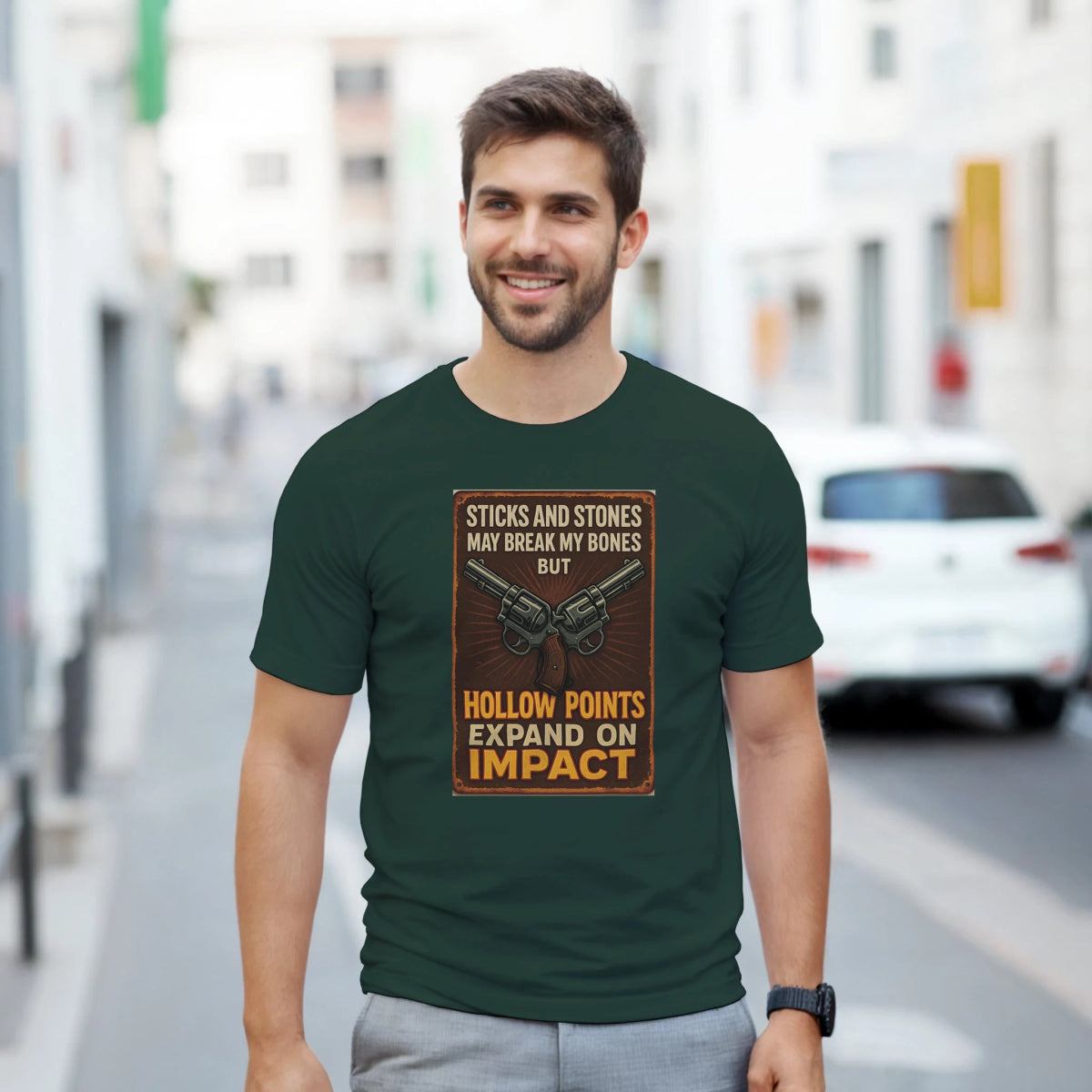 Durable Cotton T-Shirt – Sticks And Stones May Break My Bones, Hollow Points Expand - Authentic Patriot