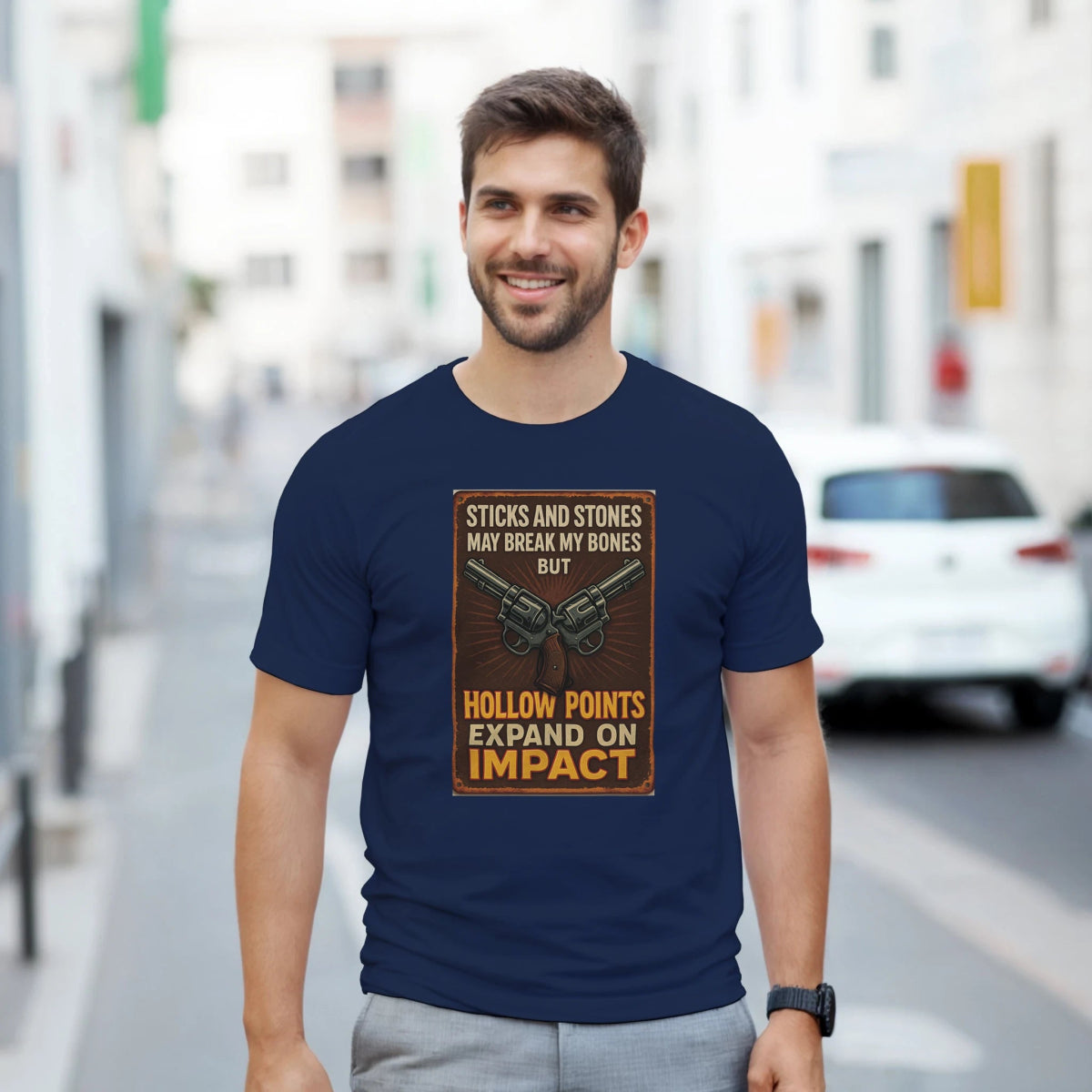 Durable Cotton T-Shirt – Sticks And Stones May Break My Bones, Hollow Points Expand - Authentic Patriot