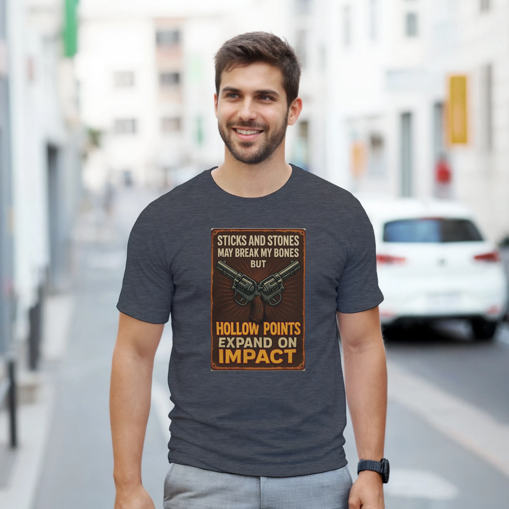 Durable Cotton T-Shirt – Sticks And Stones May Break My Bones, Hollow Points Expand - Authentic Patriot