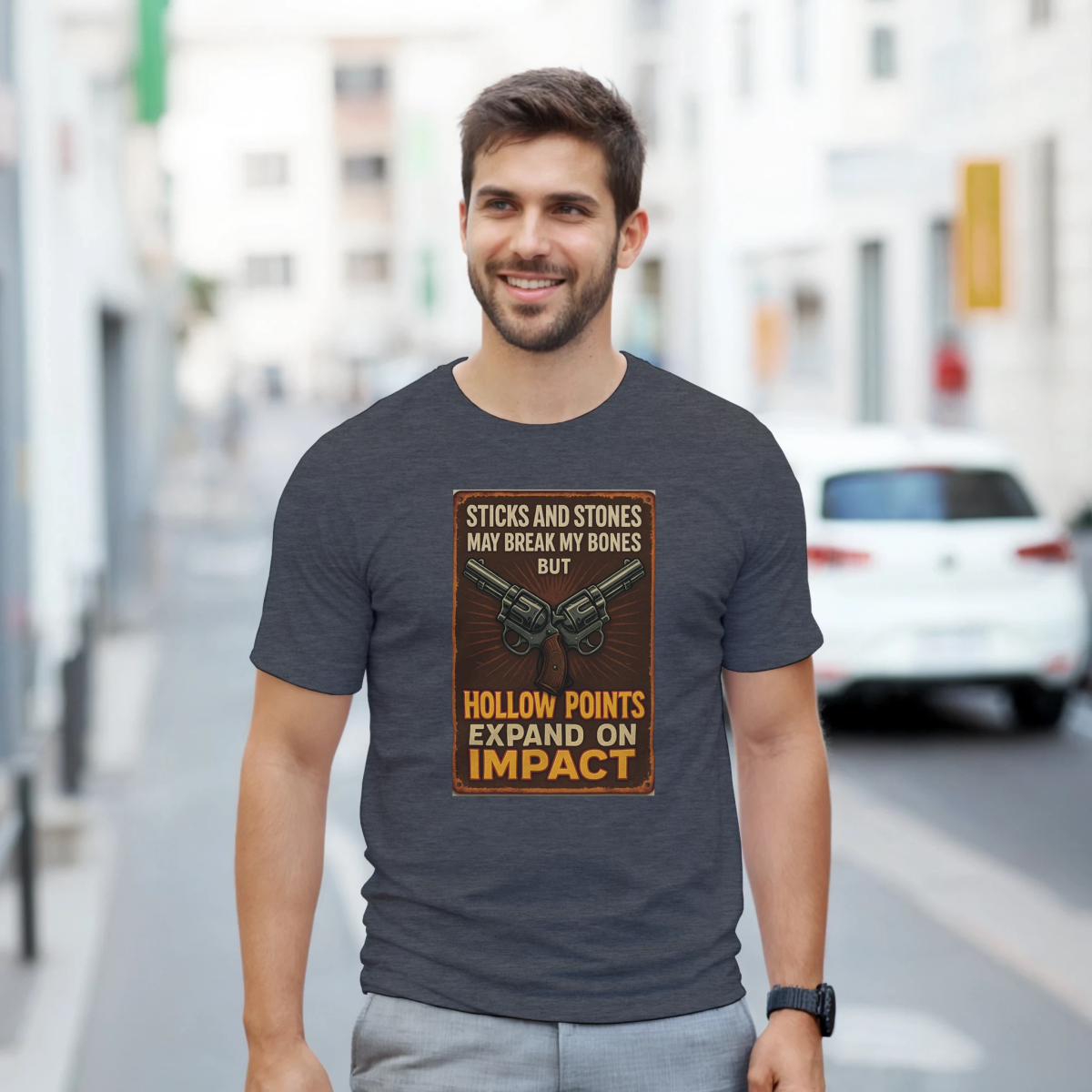 Durable Cotton T-Shirt – Sticks And Stones May Break My Bones, Hollow Points Expand - Authentic Patriot