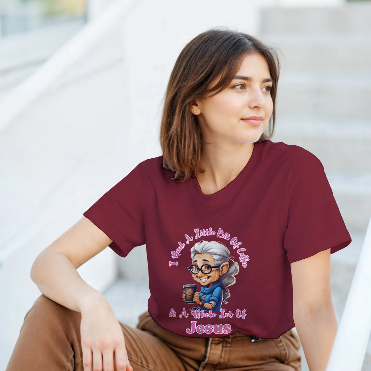 (Female) I Need A Little Bit Of Coffee And A Whole Lot Of Jesus T-Shirt – Classic Fit Cotton Tee for Women - Authentic Patriot