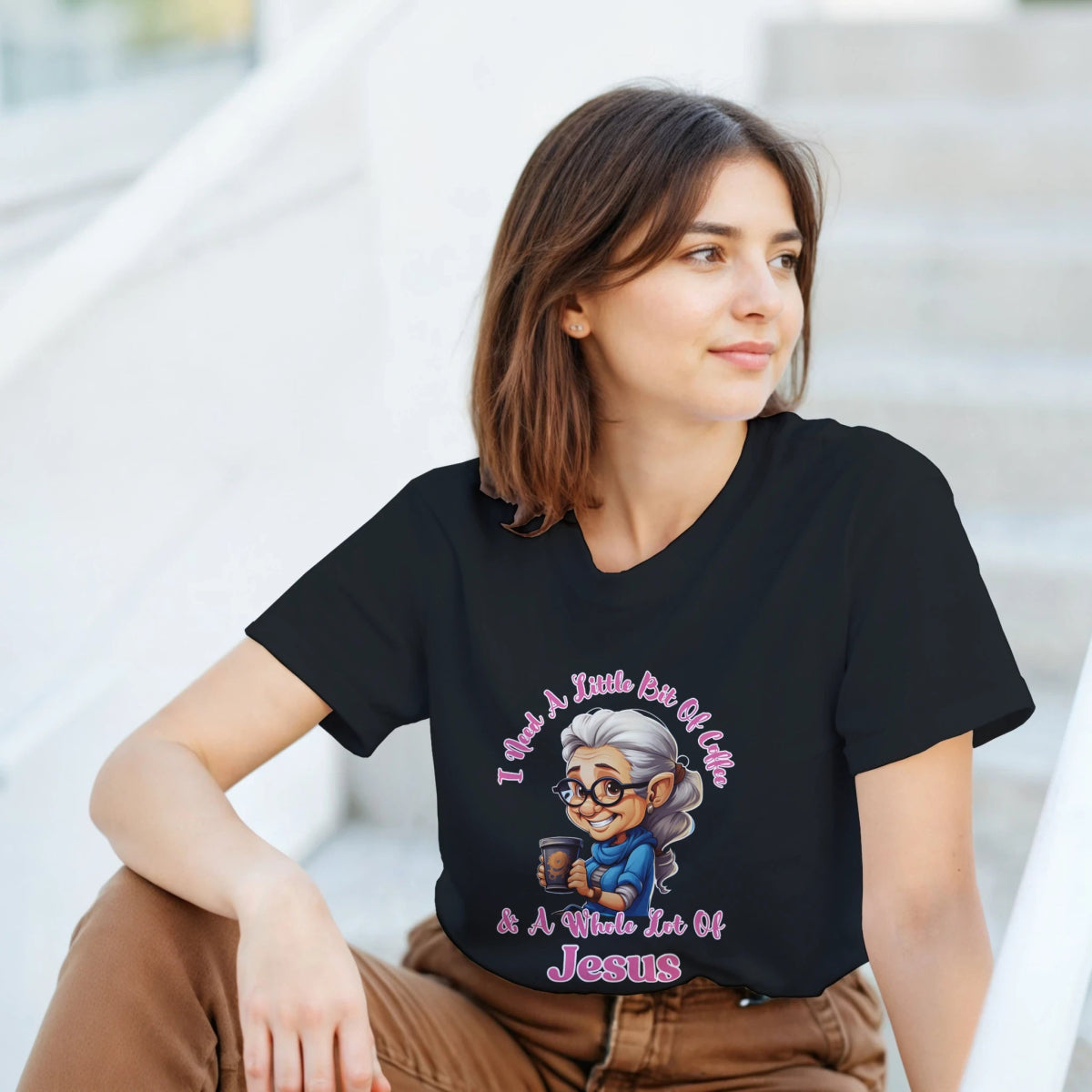 (Female) I Need A Little Bit Of Coffee And A Whole Lot Of Jesus T-Shirt – Classic Fit Cotton Tee for Women - Authentic Patriot