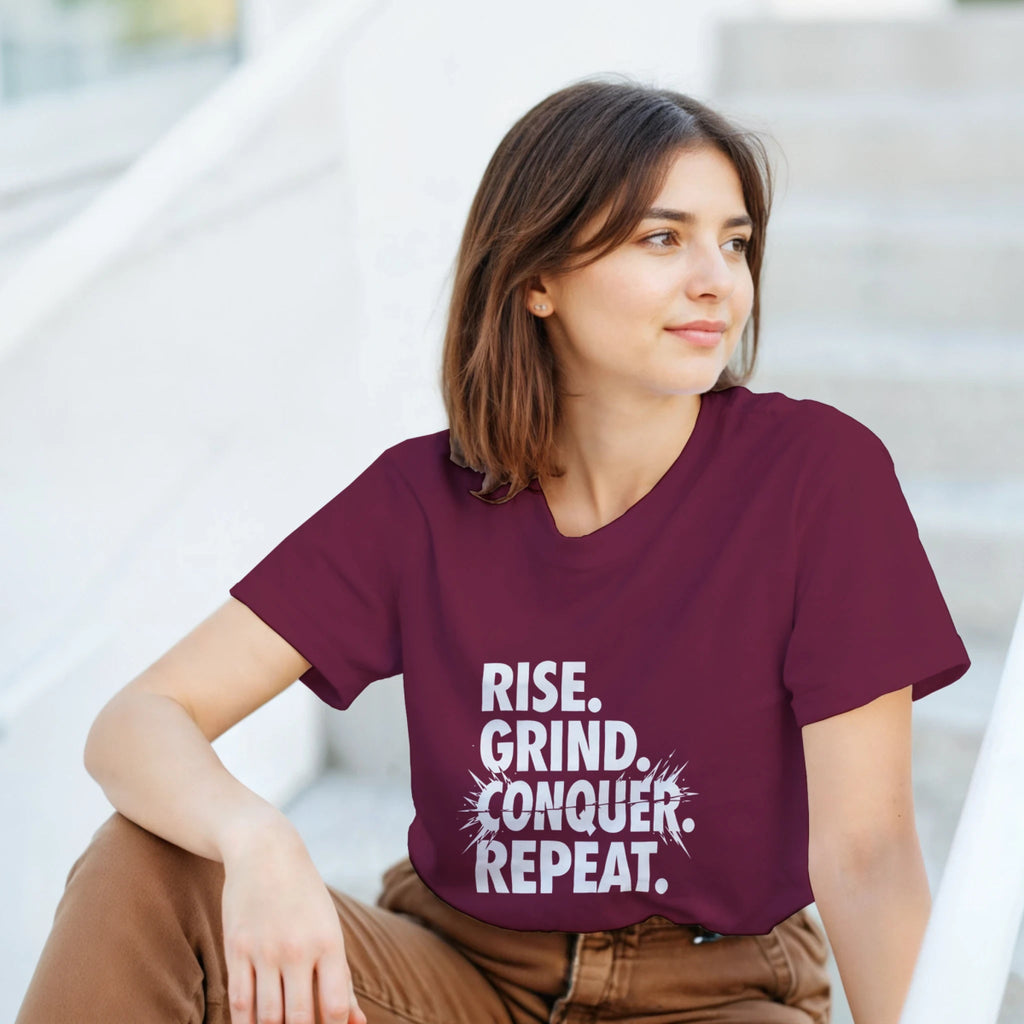 Rise Grind Conquer Repeat Cotton T-Shirt – Classic Fit Casual Tee - Authentic Patriot
