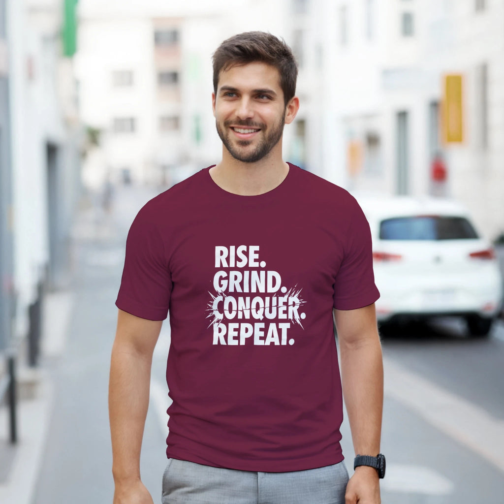 Rise Grind Conquer Repeat Cotton T-Shirt – Classic Fit Casual Tee - Authentic Patriot