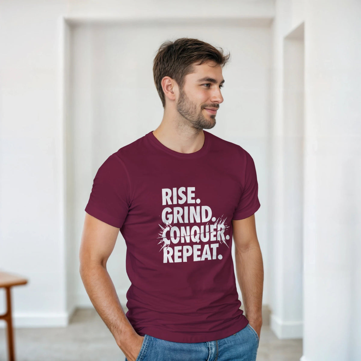 Rise Grind Conquer Repeat Cotton T-Shirt – Classic Fit Casual Tee - Authentic Patriot
