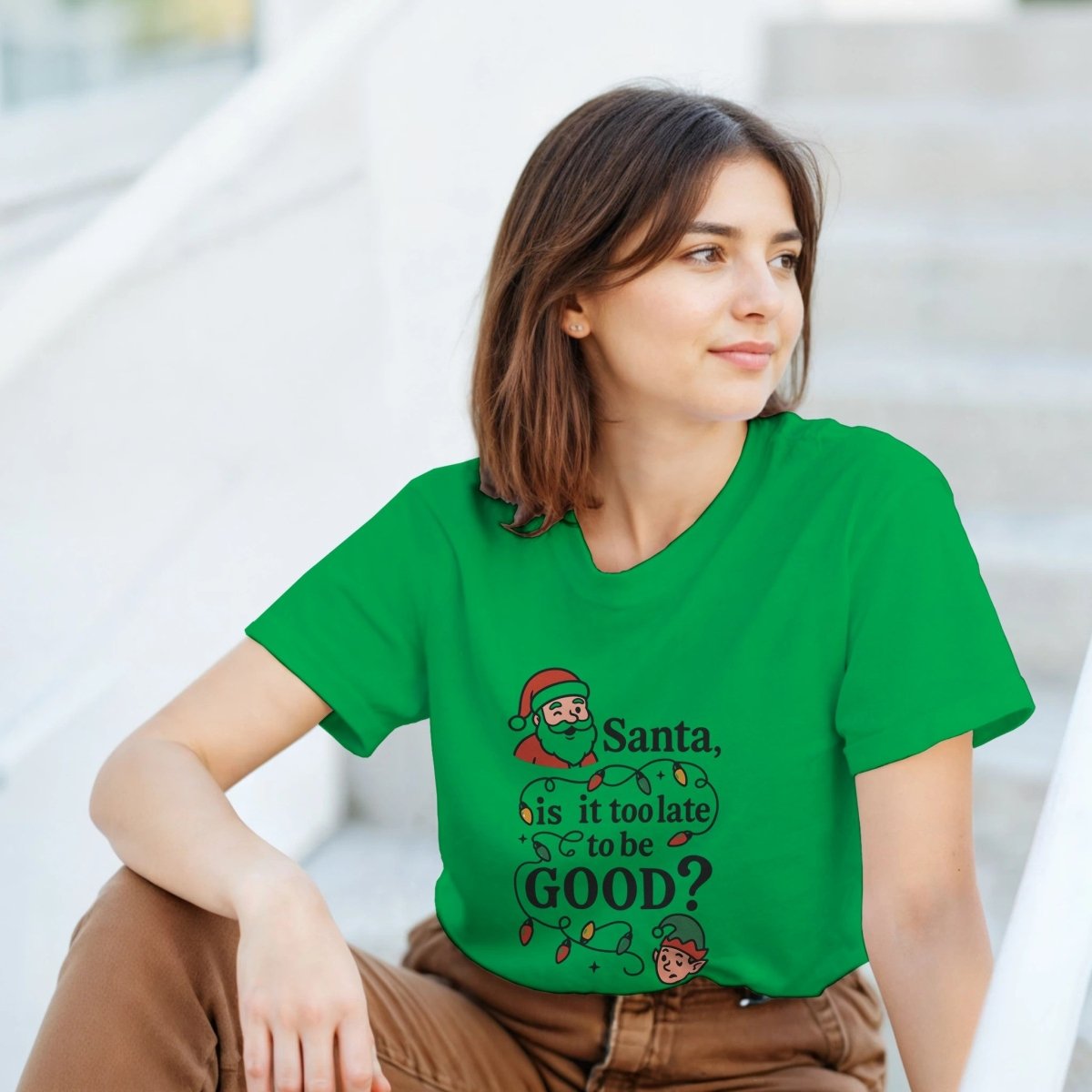 Santa Is It Too Late To Be Good Cotton T-Shirt – Classic Fit Holiday Tee - Authentic Patriot