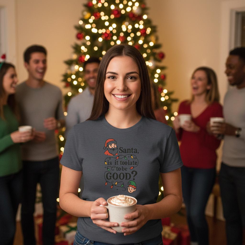 Santa Is It Too Late To Be Good Cotton T-Shirt – Classic Fit Holiday Tee - Authentic Patriot