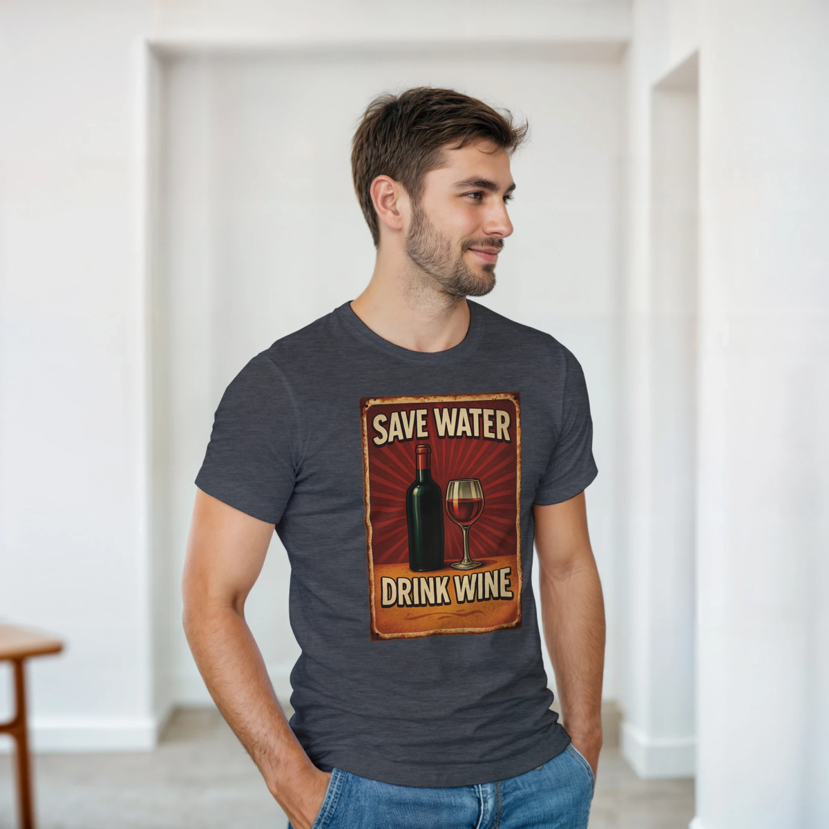 Save Water Drink Wine Cotton T-Shirt – Classic Fit Graphic Tee - Authentic Patriot