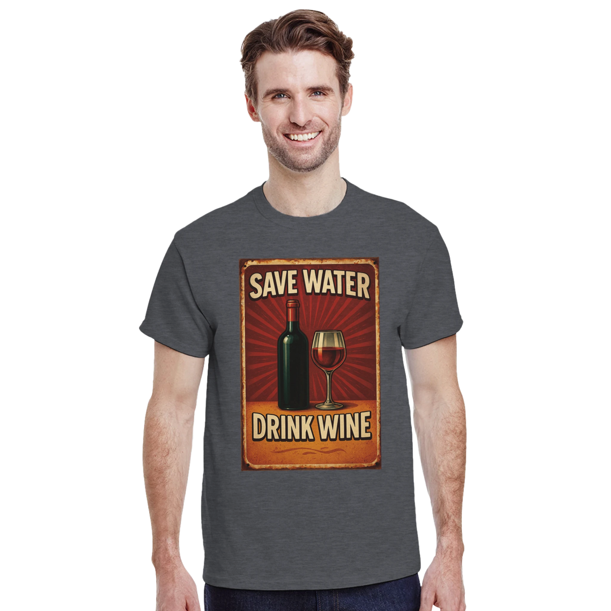 Save Water Drink Wine Cotton T-Shirt – Classic Fit Graphic Tee - Authentic Patriot