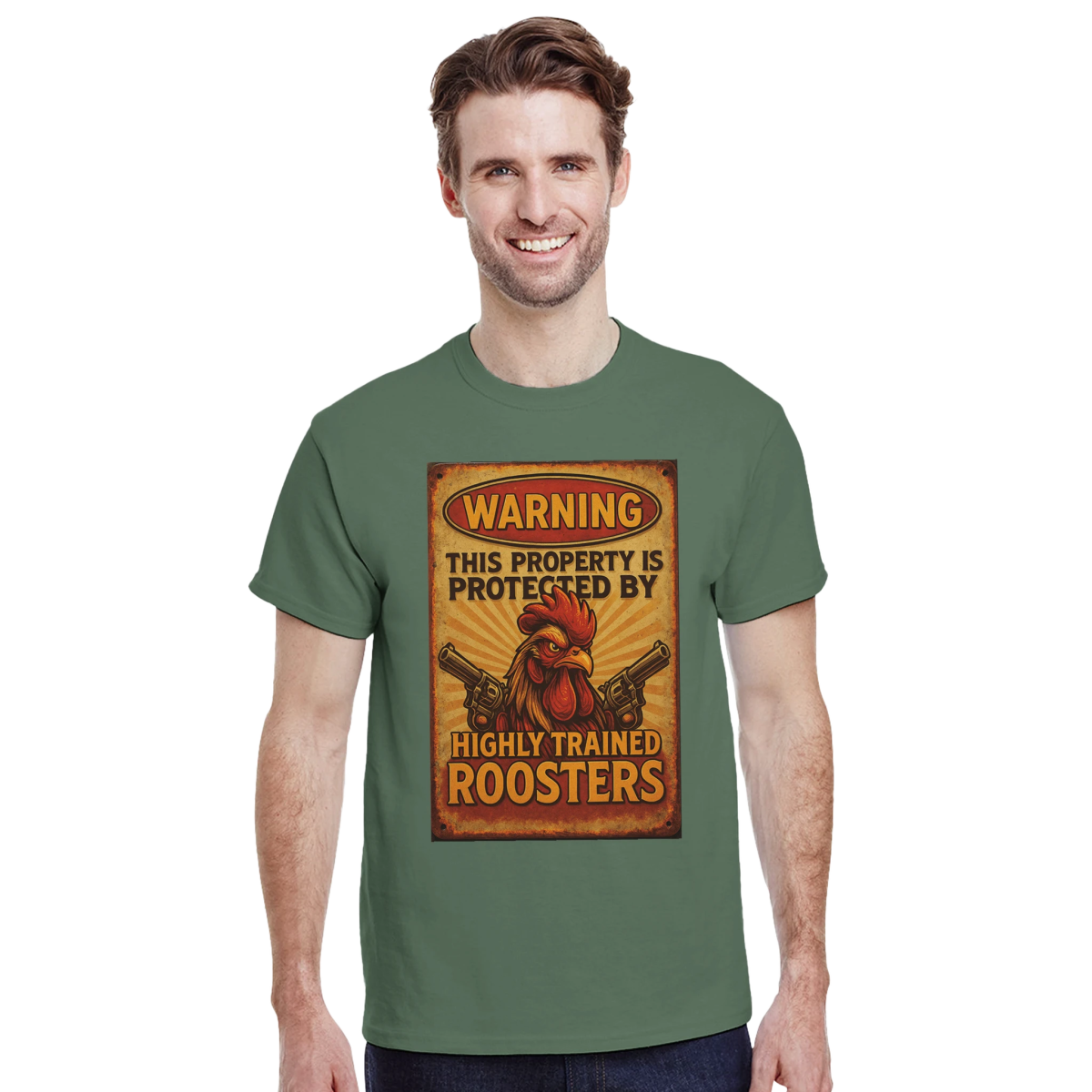 Warning This Property Is Protected By Highly Trained Roosters T-Shirt – Classic Fit Cotton Tee - Authentic Patriot