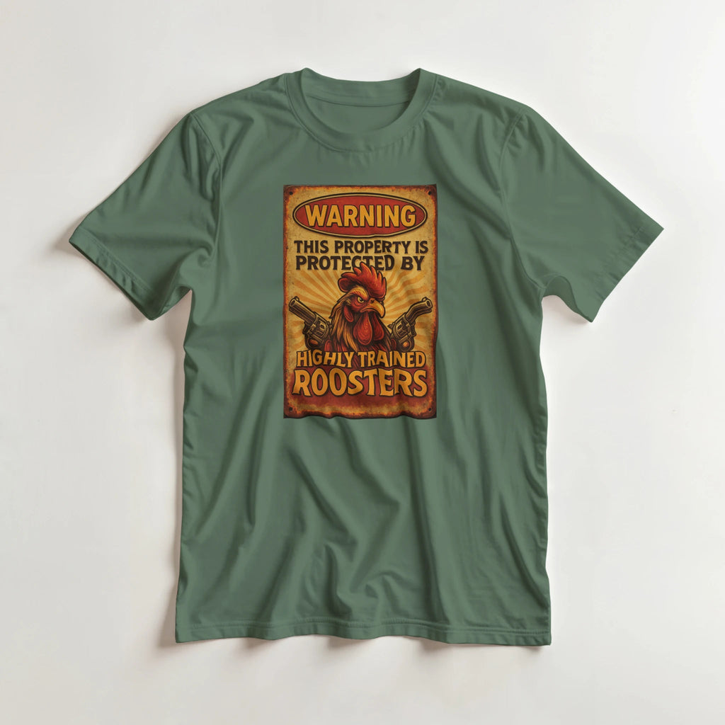 Warning This Property Is Protected By Highly Trained Roosters T-Shirt – Classic Fit Cotton Tee - Authentic Patriot