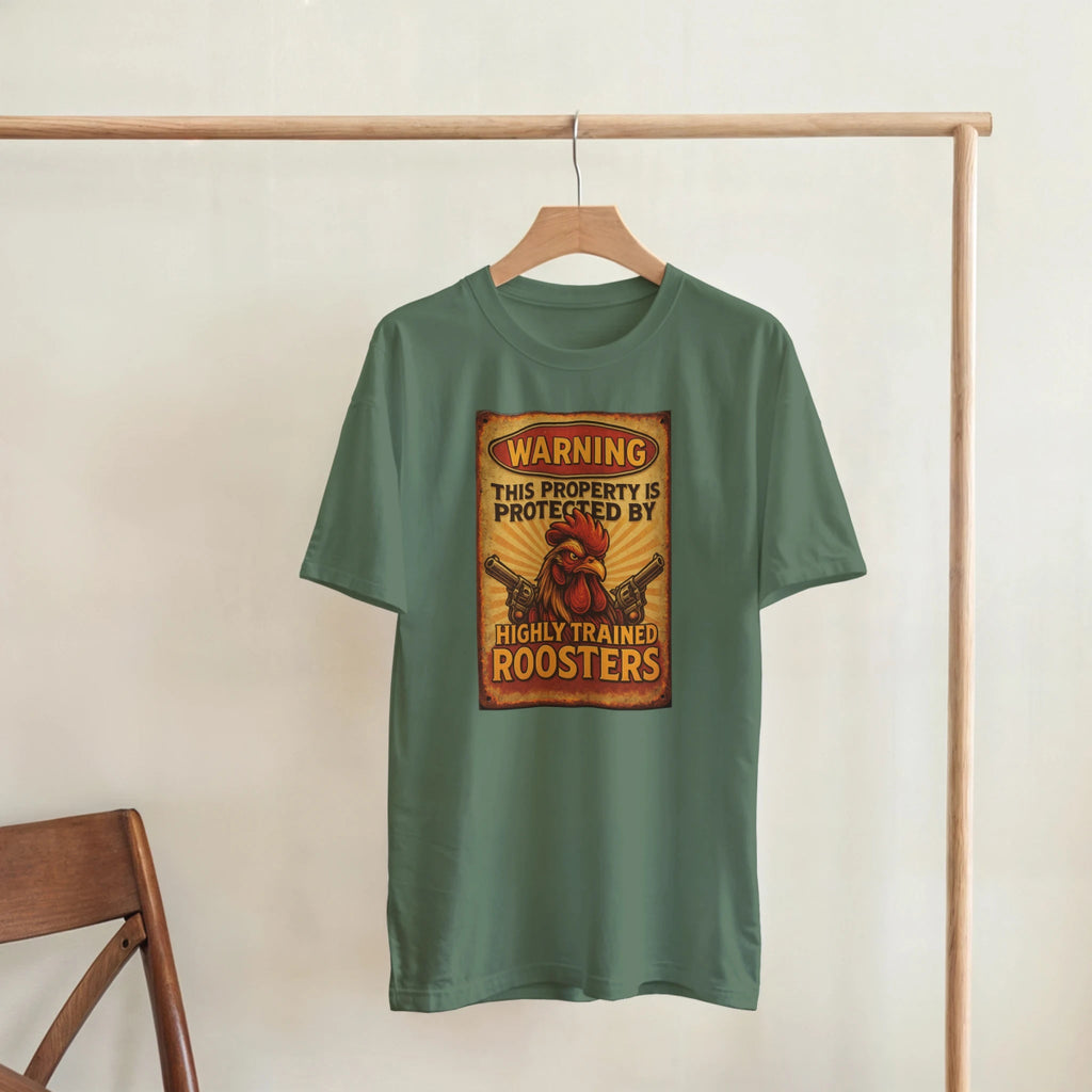 Warning This Property Is Protected By Highly Trained Roosters T-Shirt – Classic Fit Cotton Tee - Authentic Patriot