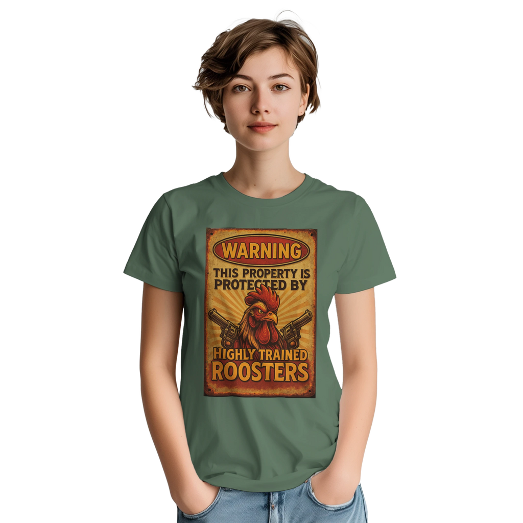 Warning This Property Is Protected By Highly Trained Roosters T-Shirt – Classic Fit Cotton Tee - Authentic Patriot