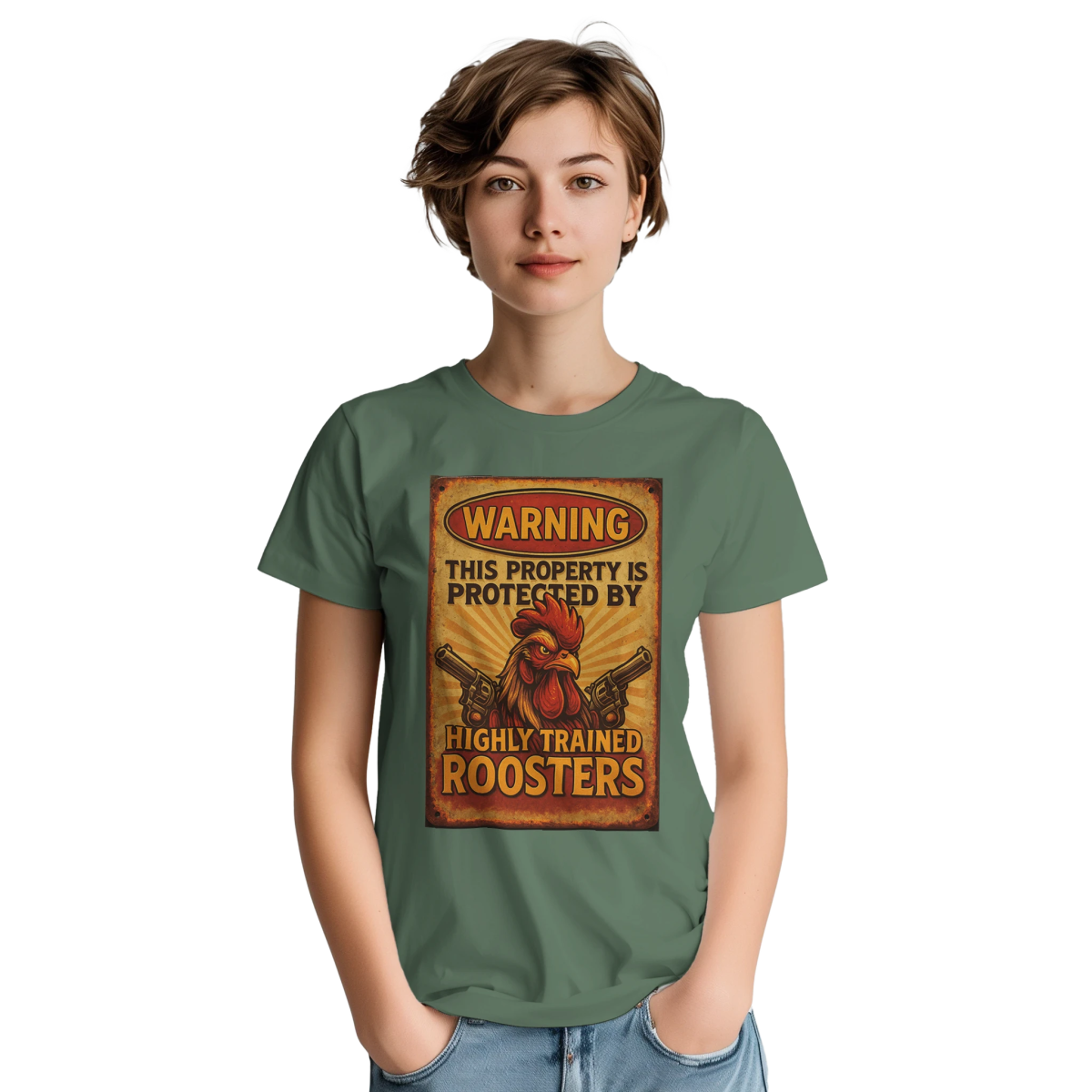 Warning This Property Is Protected By Highly Trained Roosters T-Shirt – Classic Fit Cotton Tee - Authentic Patriot